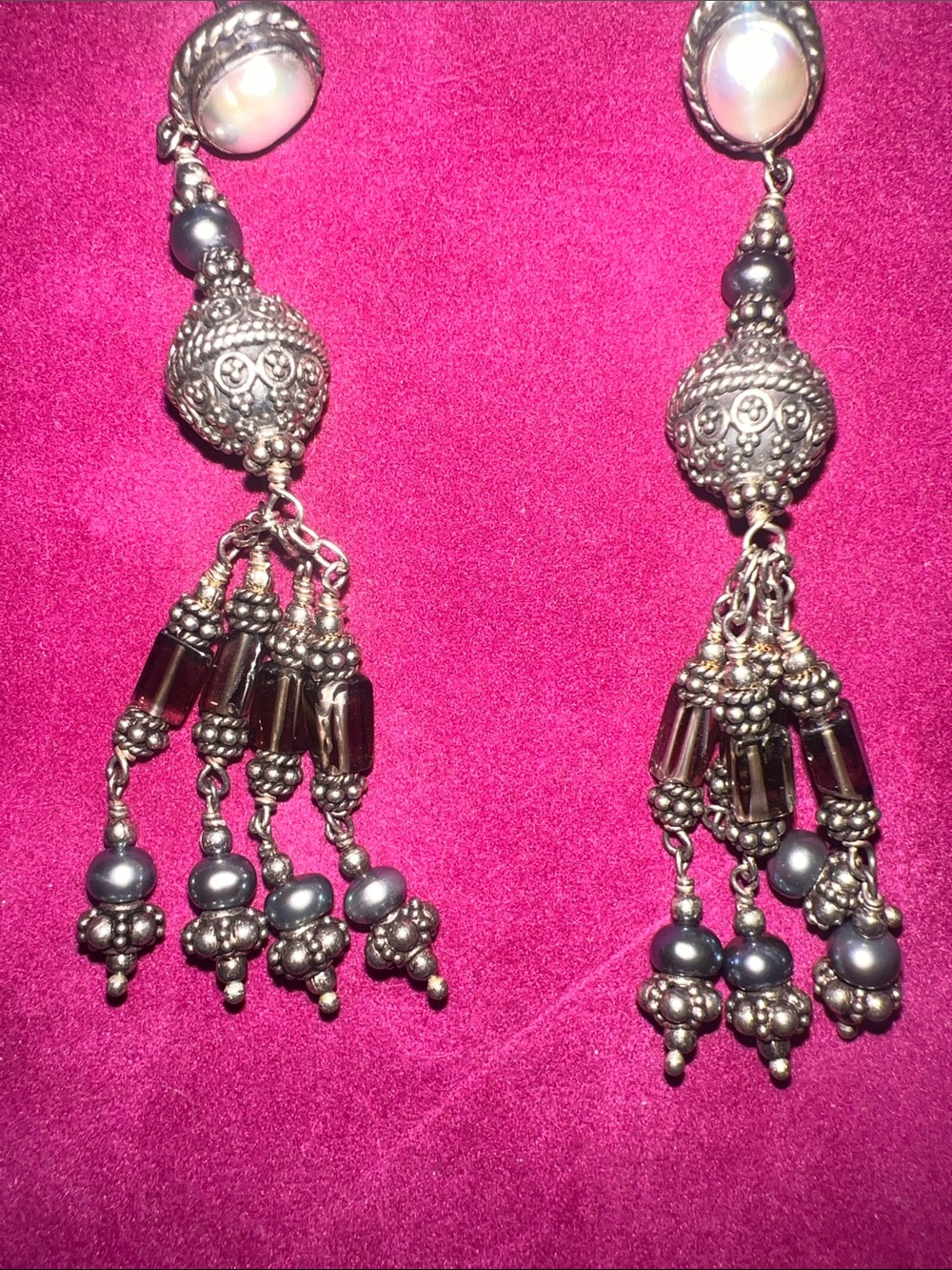 Sterling silver Tassel Drop Earrings - Gray Pearlescent Accents made in Israel